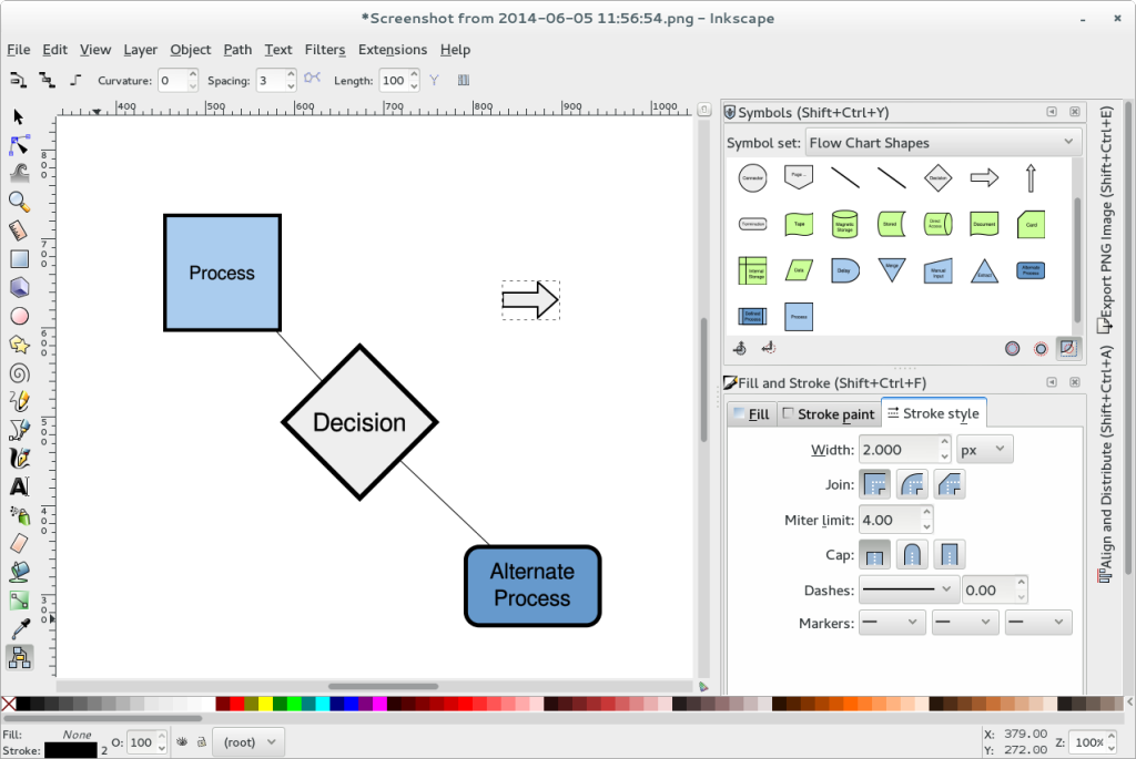 Screenshot of an Inkscape development version, showing some diagramming capabilities including the symbols library and enhanced diagram connector tool.
