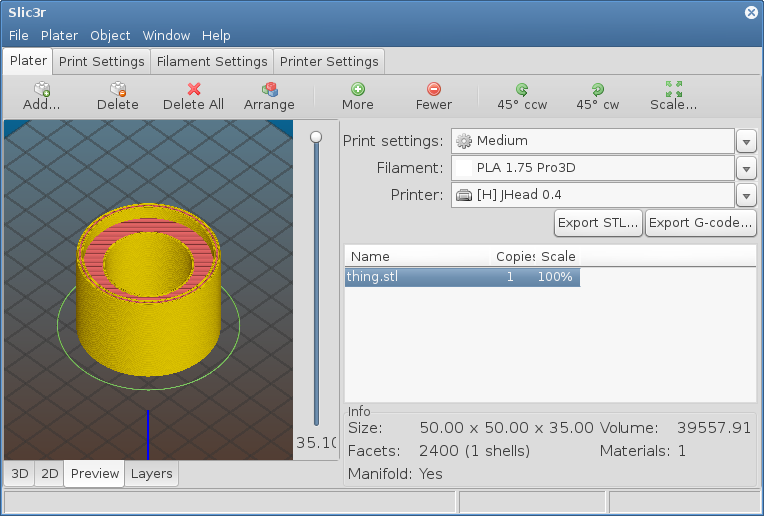 Slic3r 1.2.9 from Copr repository with G-code preview