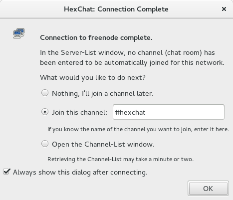 Hexchat connection complete screen