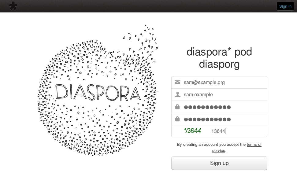 diaspora* sign up page