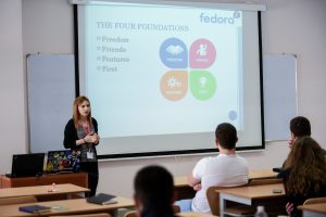 Mariana Balla, a Fedora contributor, introduces the Fedora Project to Linux Weekend 2017 attendees in Tirana, Albania