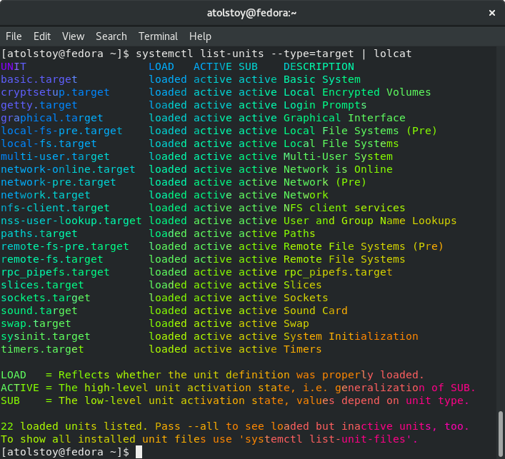 Target load. Systemctl Linux. Fedora Terminal. Fedora Linux Terminal. Lolcat Linux.