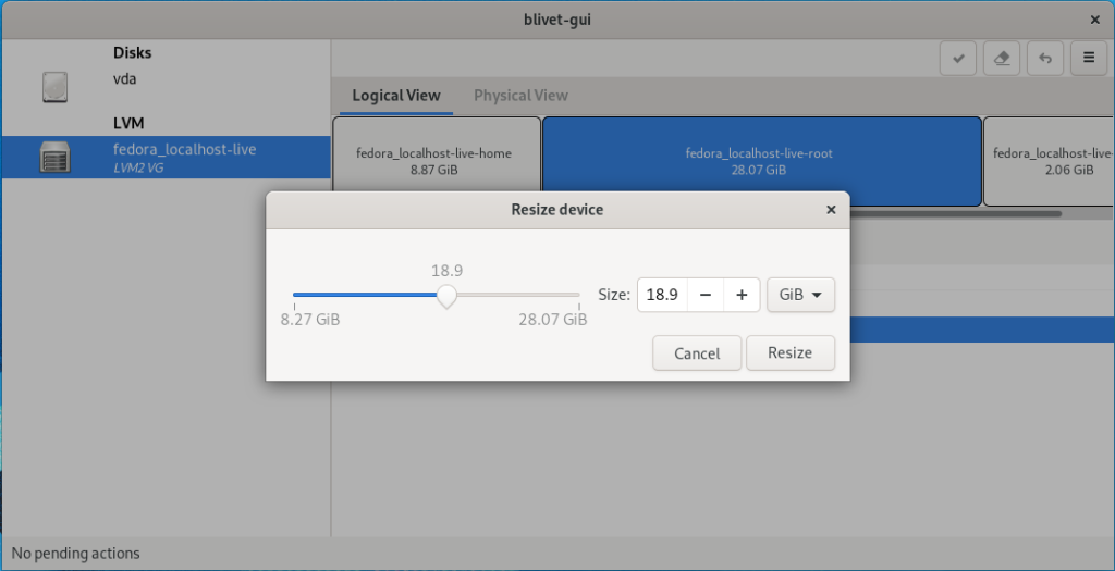 Use the resize dialog in blivet-gui to set the new volume sizes.