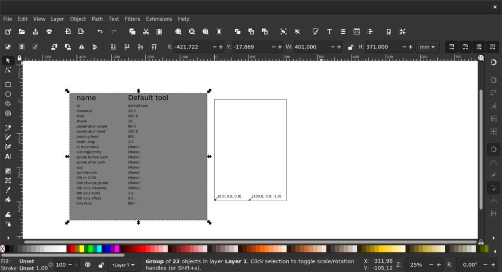 Inkscape with the default tool library settings added into the document