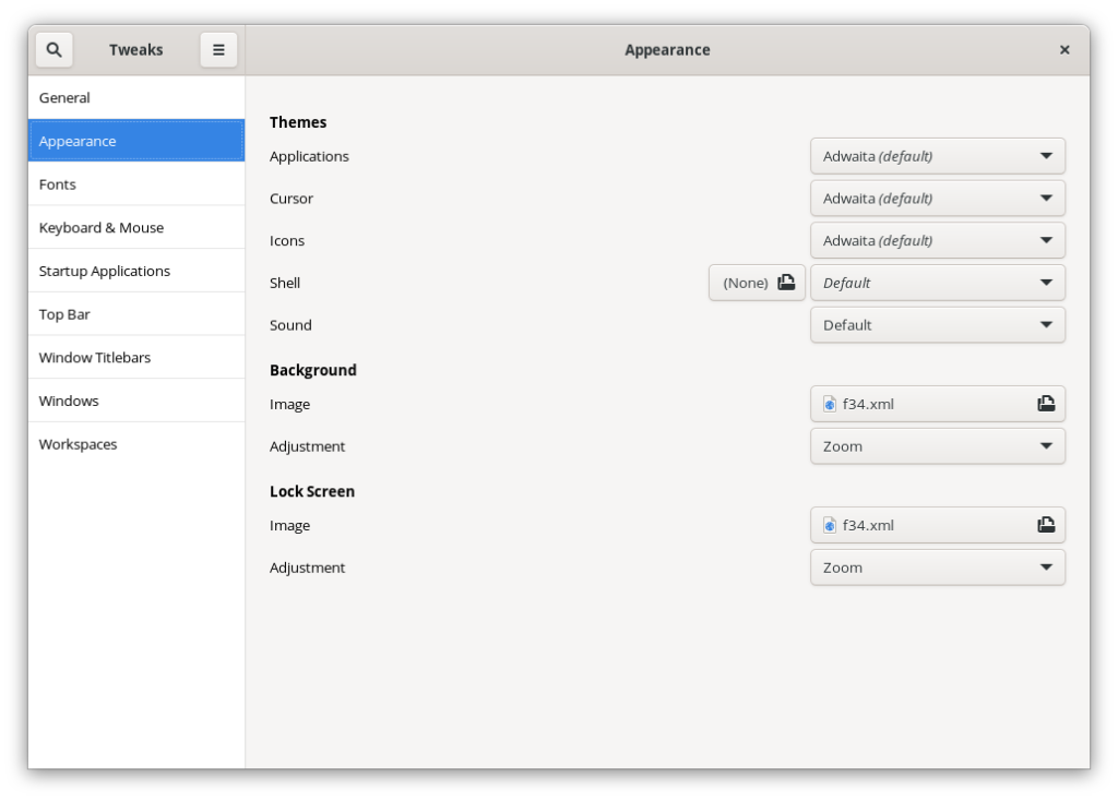 GNOME Tweaks to do various configuration of Fedora 34 Workstation