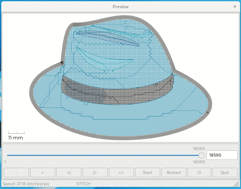 Nicubunu's Fedora hat icon as embroidery. The angles for the stitches of the head part and the brim are different, so that it looks more realistic. The outline is done in Satin stitching