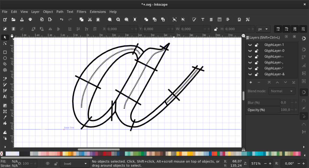 Inkscape with a "Chopin" glyph for satin stitching defined for the Lettering function