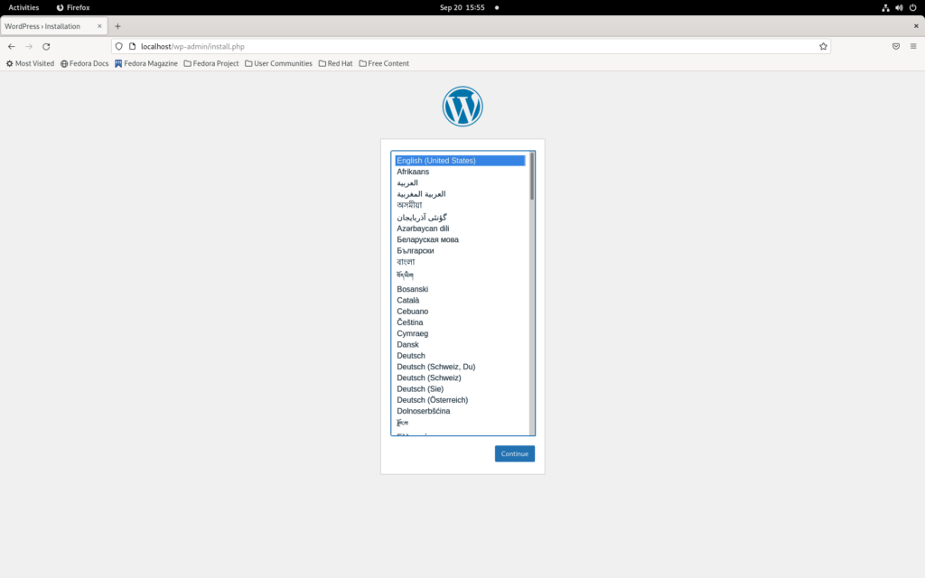 Running instance of WordPress in a browser window