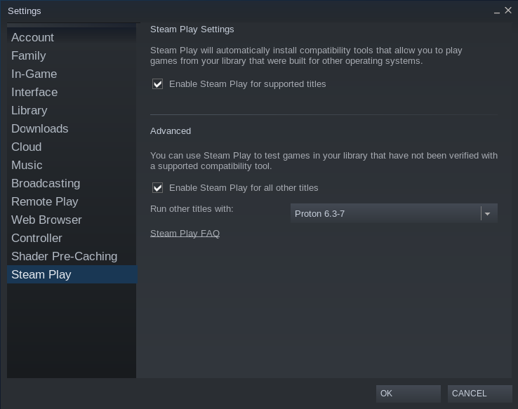 Steam settings, showing Steam Play and Proton functionality.