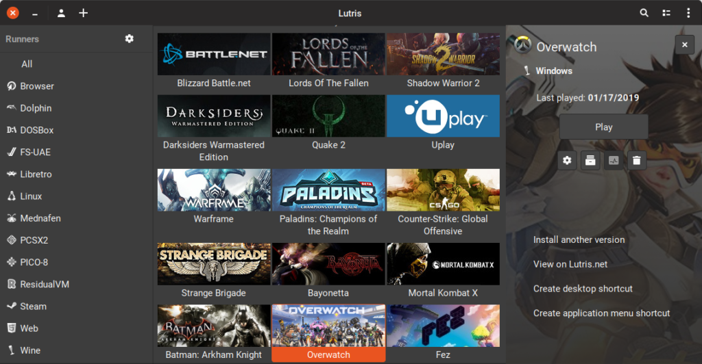 Lutris running on Fedora Linux. Smaller icons of Battle.Net, UPlay and others.