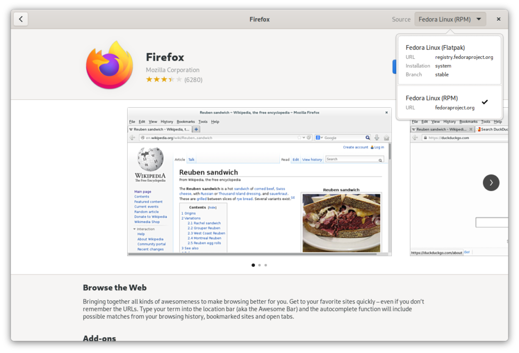 Firefox on GNOME Software, with Fedora Linux (RPM) as the default option and Fedora Linux (Flatpak) as the second option