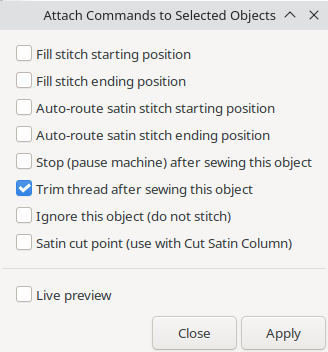 Ink/Stitch `Attach commands to selected object` dialog box showing option to `Trim thread after sewing this object`