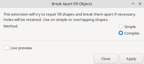 Dialog box showing simple and complex options for break objects apart function in Ink/Stitch