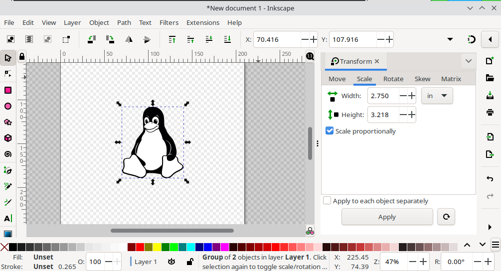 Inkscape window with black and white Tux on a checkered background with the transform dialog box