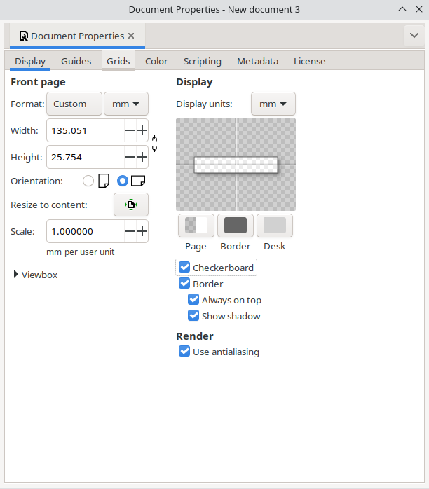 Document properties dialog box to resize a document