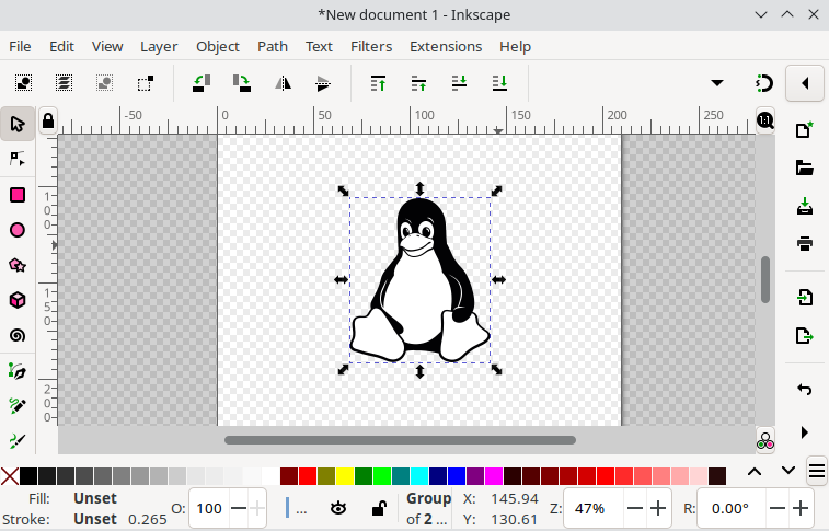 Tux the Linux mascot in an Inkscape document with a checkered background