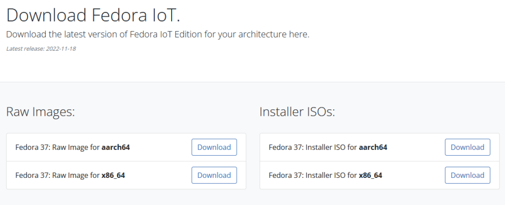 Screenshot of Fedora IoT image download.