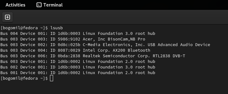 A screen from Fedora Linux showing the results of the lsusb command listing the Realtek Device we will be using in this exercise.
