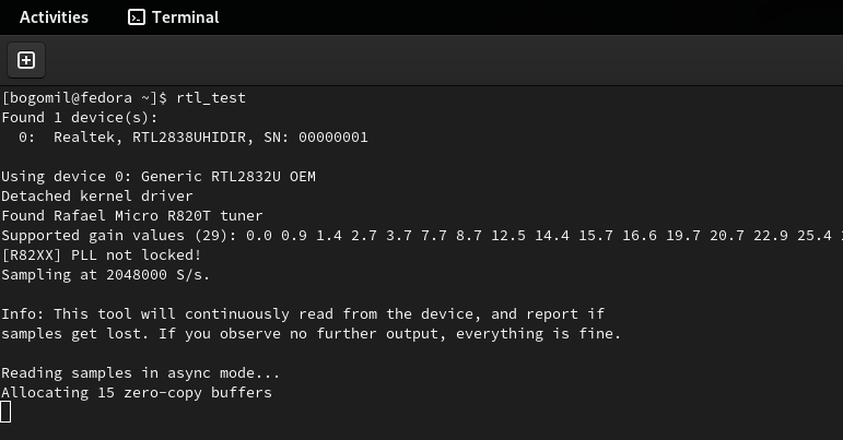 A screen from Fedora Linux console showing the results of the previous command listing the device and its properties. 