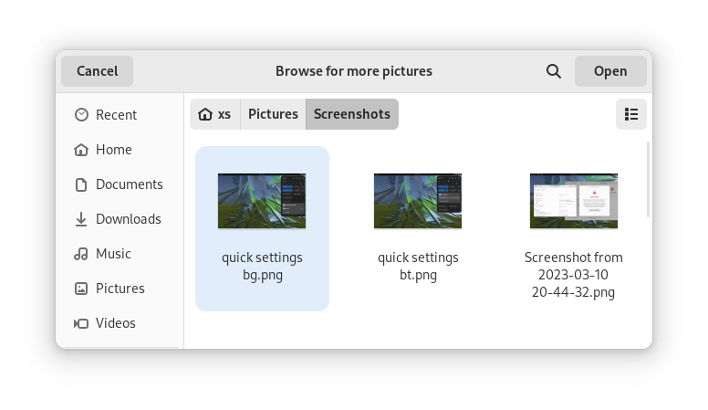 GTK 4.10's new file chooser, showing the icon view with image previews.