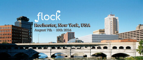 A photograph of the Rochester, New York skyline showing the Hyatt Regency hotel and a bridge over a river. The image is overlaid with text that reads, "Flock, Rochester, New York, United States. August 7th to August 10th, 2024."