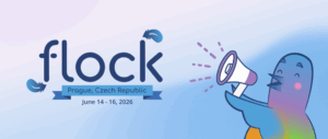 Banner image for the Flock to Fedora 2026 conference. The image shows Colúr, the animated mascot of Flock, holding a megaphone. The "Flock" logo appears with "Prague, Czech Republic" and "June 14 - 16, 2026" written below the Flock logo.