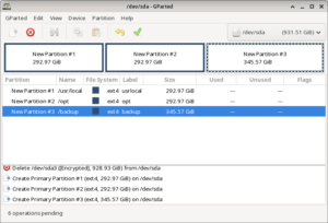 Disk partition app showing 3 new partitions, each about 300 GB
