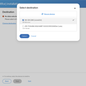 Fedora 44 Xfce install to NVMe. Text reads 'Select destination'