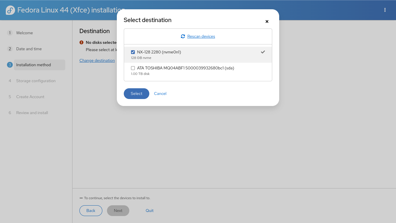 Fedora 44 Xfce install to NVMe. Text reads 'Select destination'