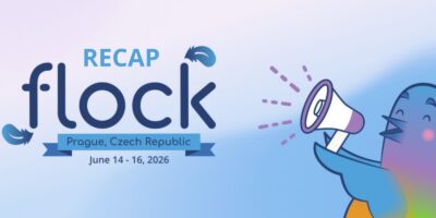 A graphic reads "RECAP flock, Prague, Czech Republic, June 14 - 16, 2026" alongside an illustration of a colorful pigeon holding a megaphone.