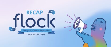 A graphic reads "RECAP flock, Prague, Czech Republic, June 14 - 16, 2026" alongside an illustration of a colorful pigeon holding a megaphone.