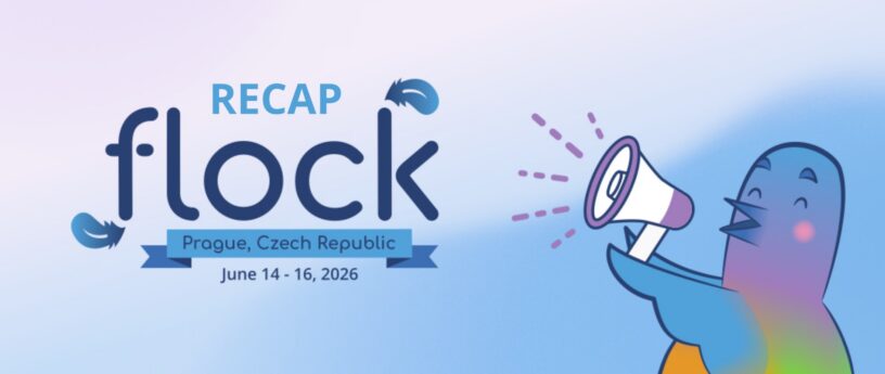A graphic reads "RECAP flock, Prague, Czech Republic, June 14 - 16, 2026" alongside an illustration of a colorful pigeon holding a megaphone.