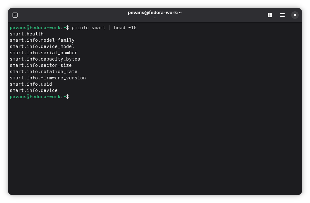 Terminal output showing 'pminfo smart | head -10' listing available SMART metrics