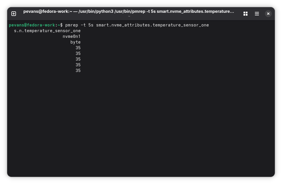 Terminal output showing 'pmrep' with live-updating temperature reading