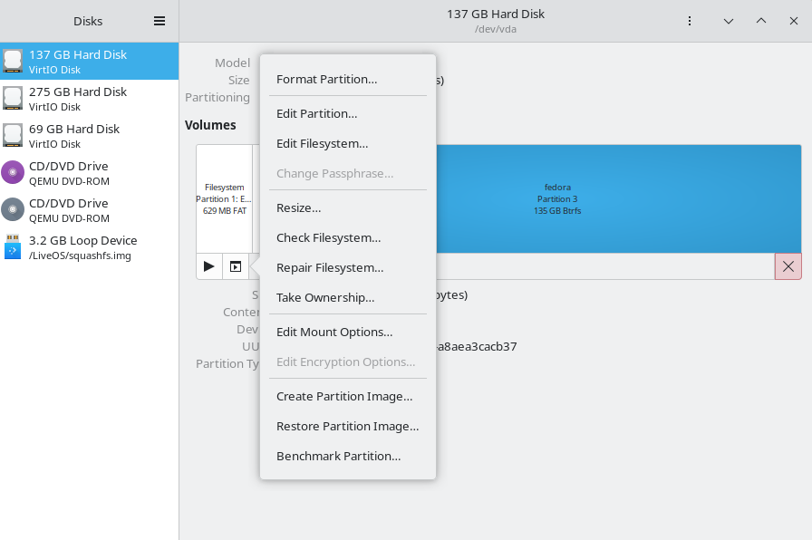 Gnome Disks interface and how to make a partition backup image
