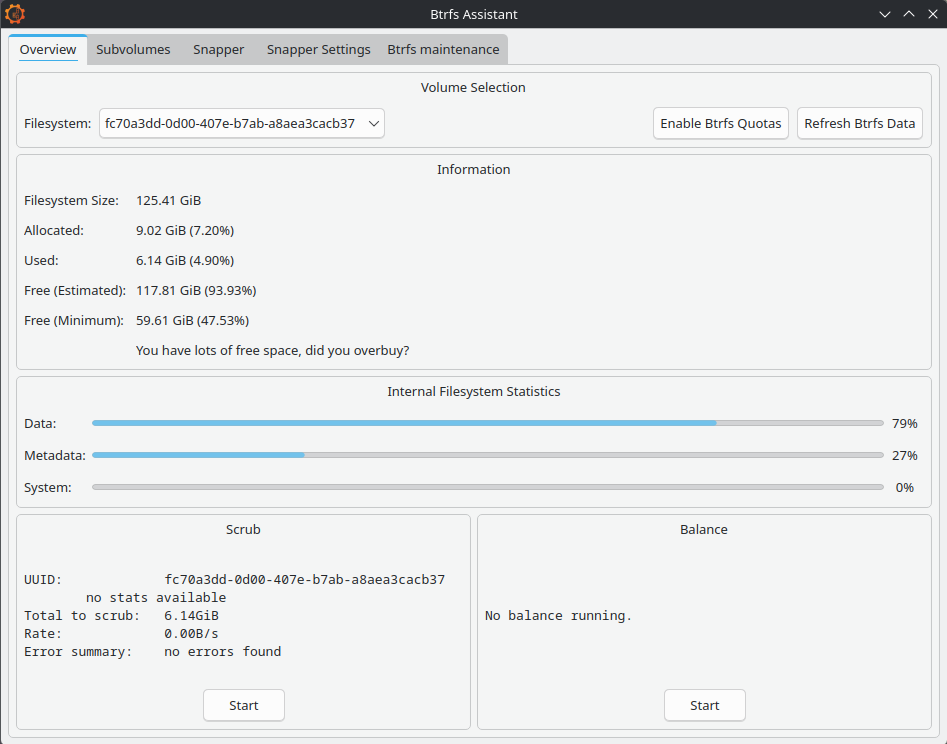 The btrfs-assistant user interface showing the range of system maintenance options