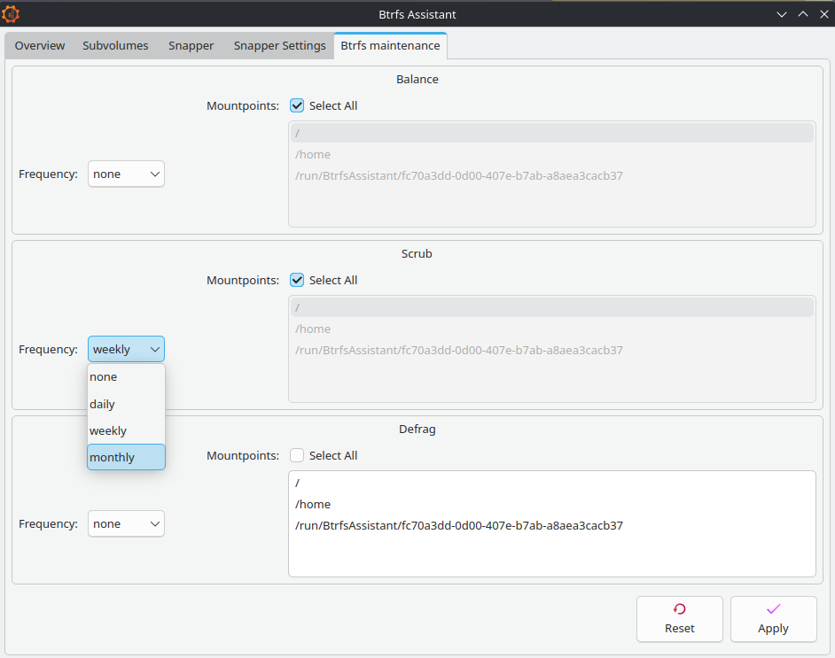 selecting btrfs maintenance schedules