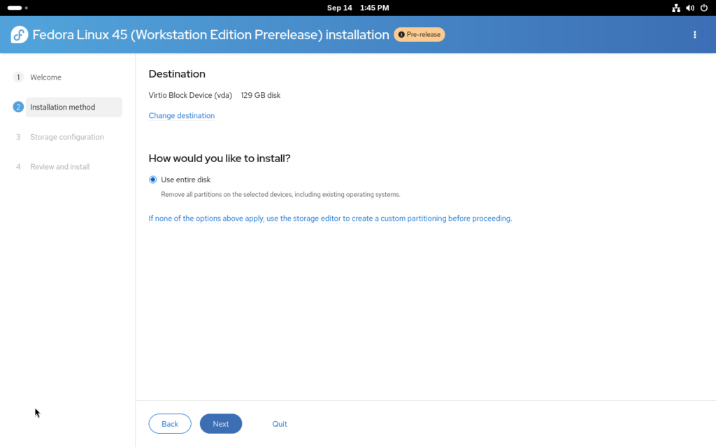 Installation method page in the Anaconda installer