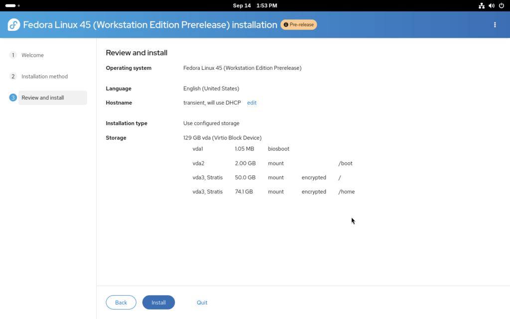 Summary of the installer configuration before starting the installation