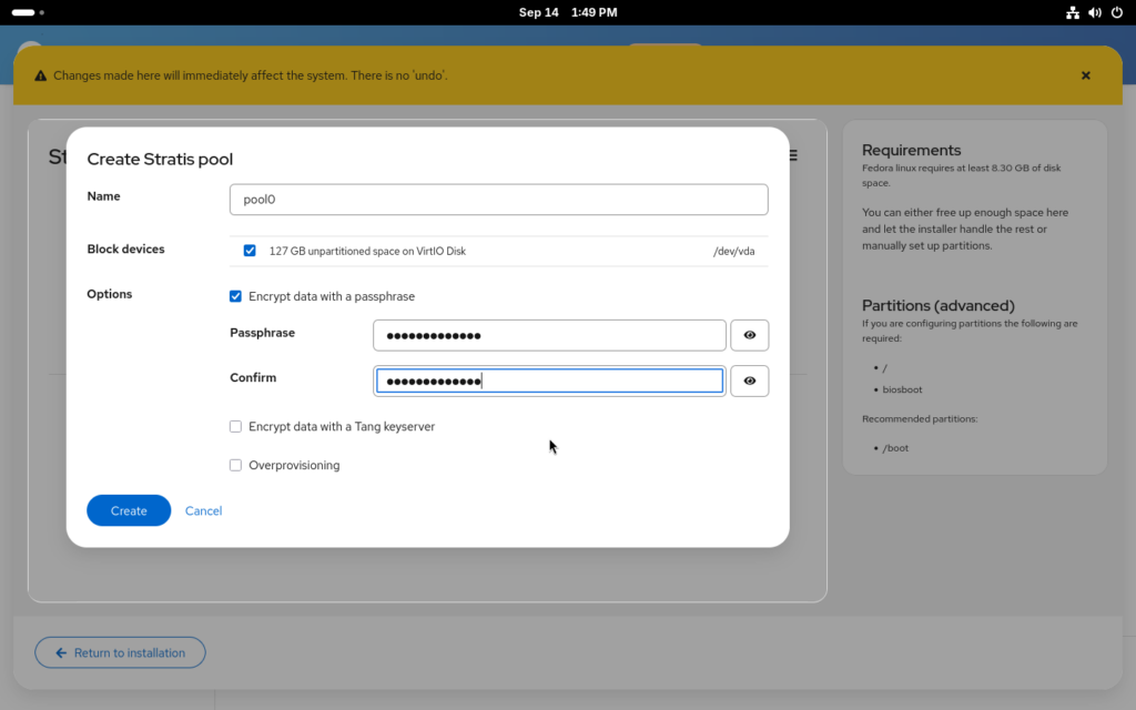Creating Stratis pool in the manual partitioning